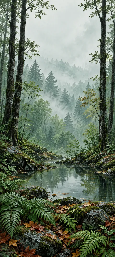 Still woodland pond between alder trunks with ferns and mint-gray mist.