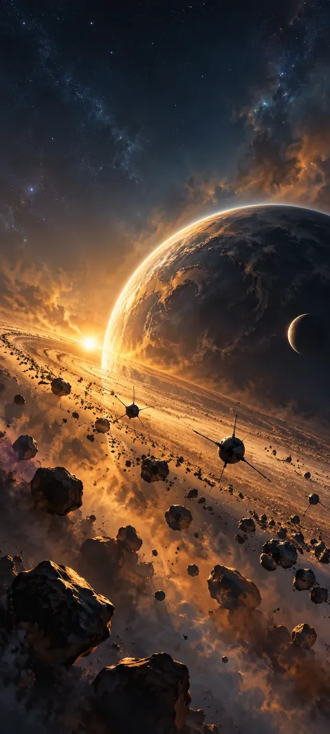 Small imagined satellites drift as silhouettes through cosmic dust.