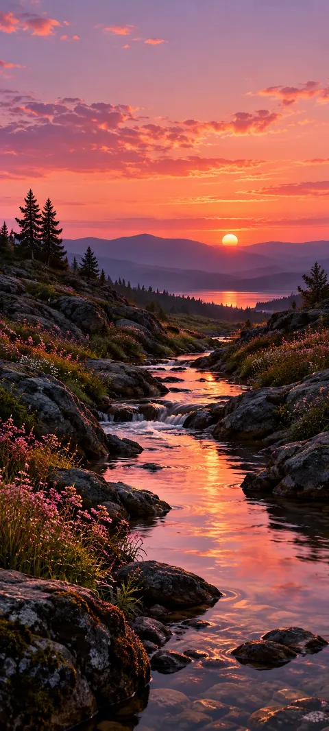 Rocky creek reflecting pink sunset light between dark banks.