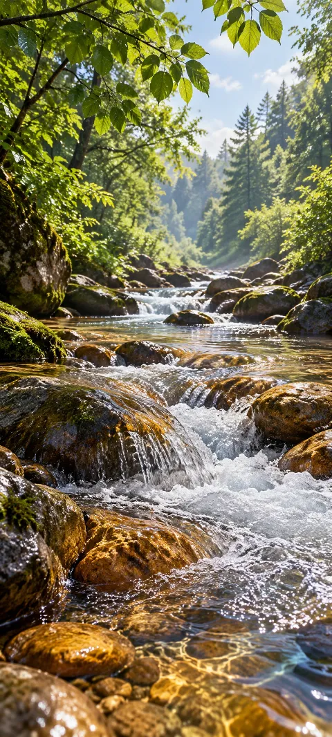 A creek cascades over warm stones beneath forest leaves.