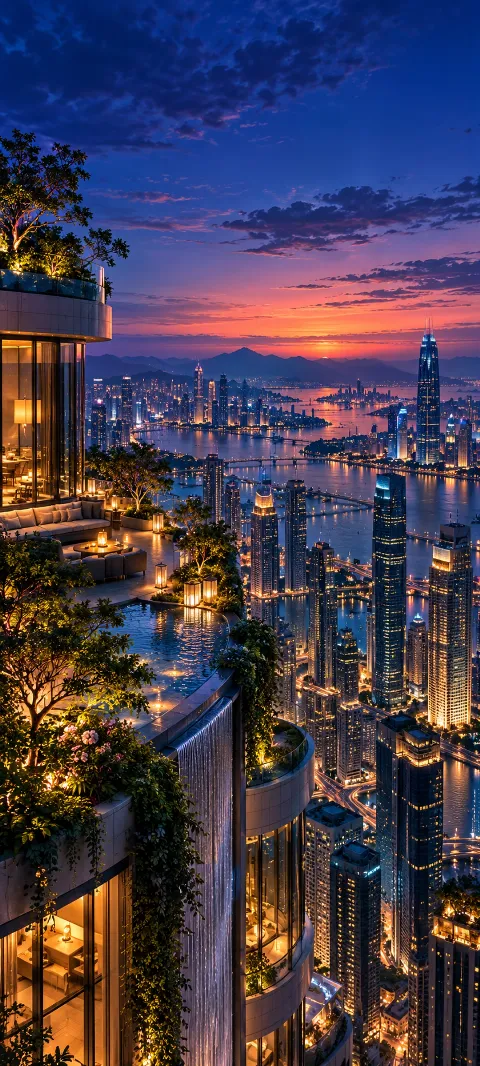 A rooftop garden overlooks cobalt buildings at dusk.