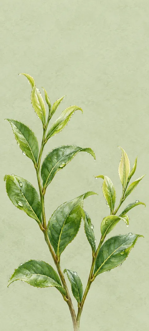 Two tea sprigs with pale young leaves and dew on sage paper.