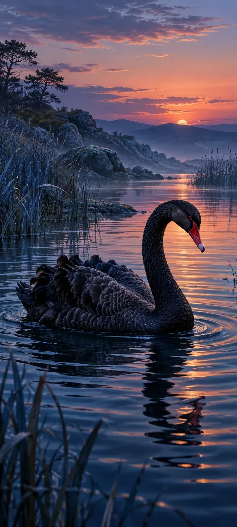 A black swan glides across a dark reflective cove.