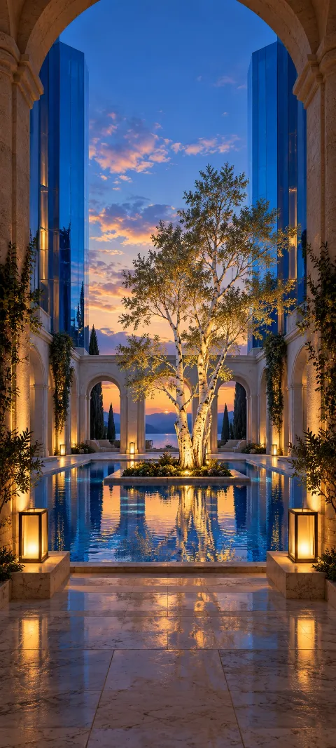 An illuminated birch reflected in a courtyard pool between stone arches and cobalt glass towers.
