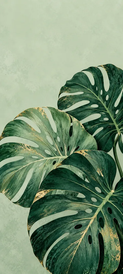 Three overlapping green monstera leaves with oval openings and gold flecks on pale celadon.