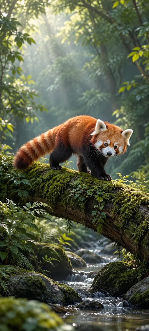 A red panda balances on a mossy log.