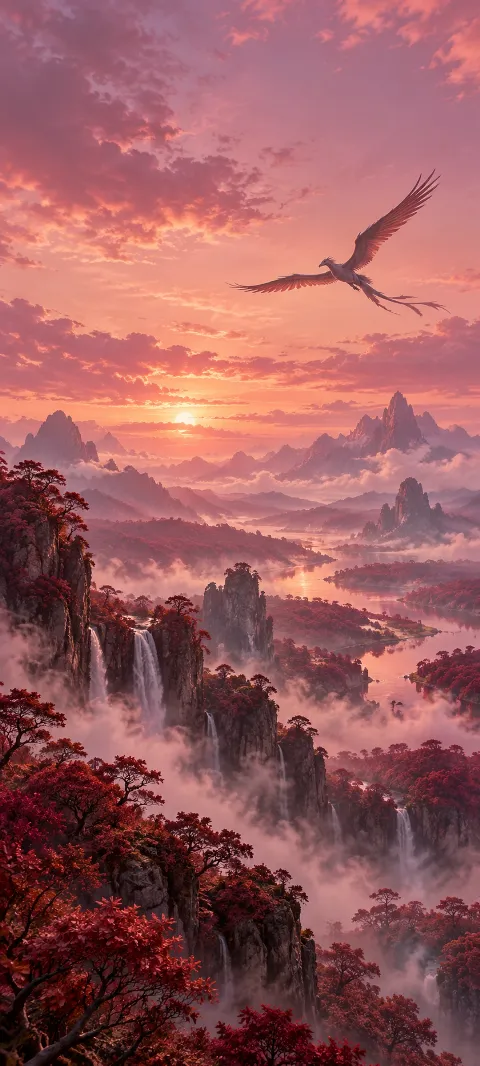 A distant winged creature circles a rosewood valley.
