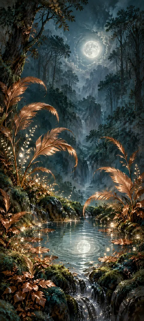 Copper featherlike fronds and glowing orbs beside a moonlit pool in a blue forest.