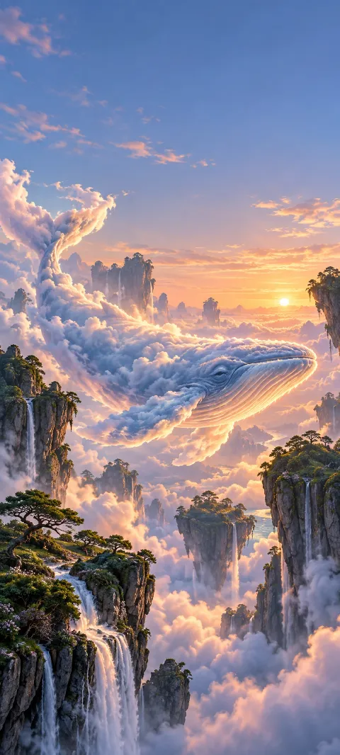Cloud-shaped whale above floating rocky cliffs and waterfalls.