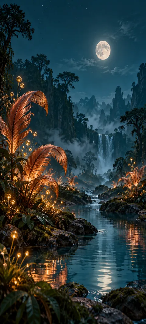 Copper-feathered plants grow around a moon pool.