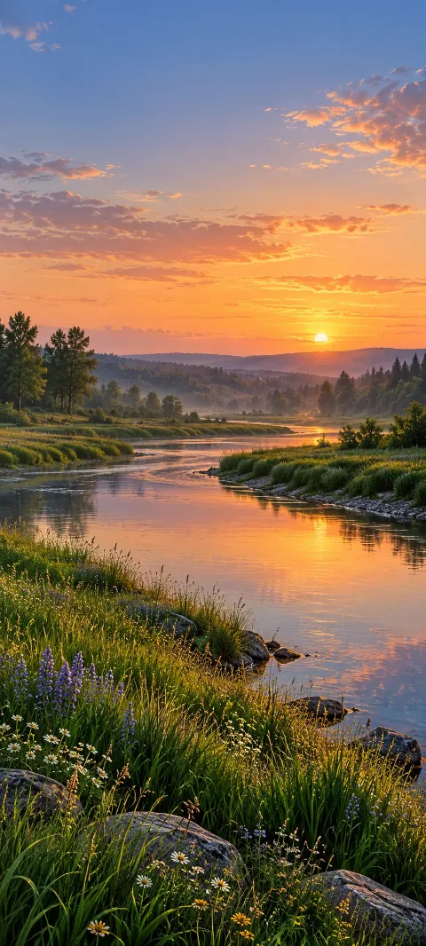 Winding reflective river between blue grassy banks at sunset.
