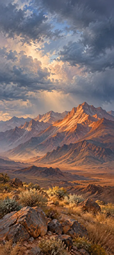 Copper colored mountain range under storm clouds with warm sunlight and rocky grasses.