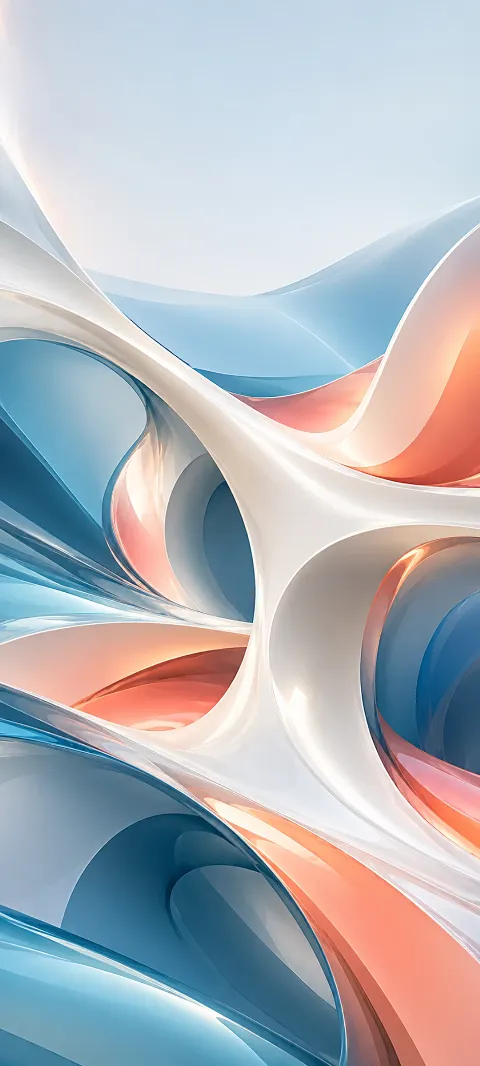 Pearl curves interlock with blue and coral abstract planes.