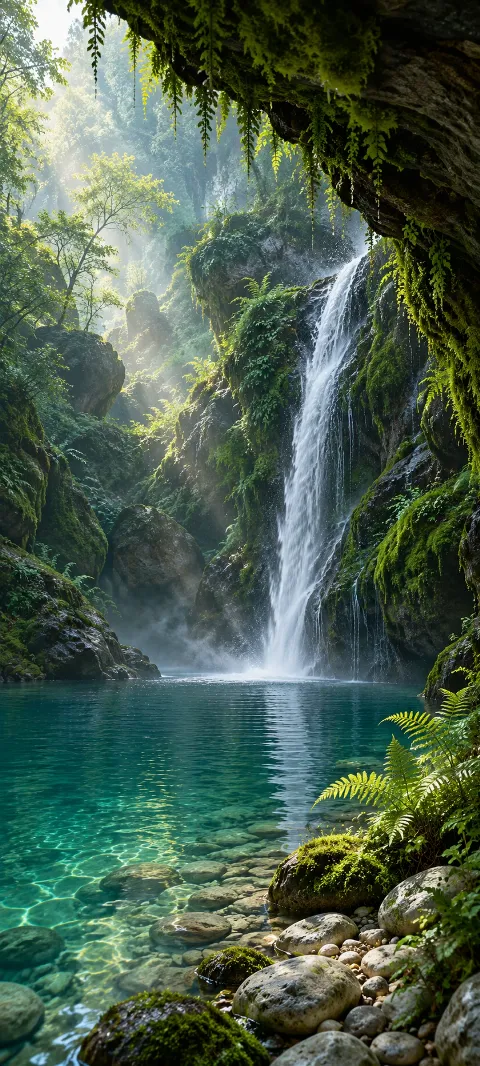 A white waterfall feeds a teal pool beneath hanging moss, with ferns and pebbles along the shore.