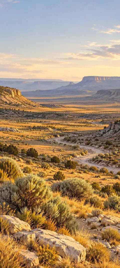 Golden light across sagebrush, pale stones and a dry valley below distant mesas.