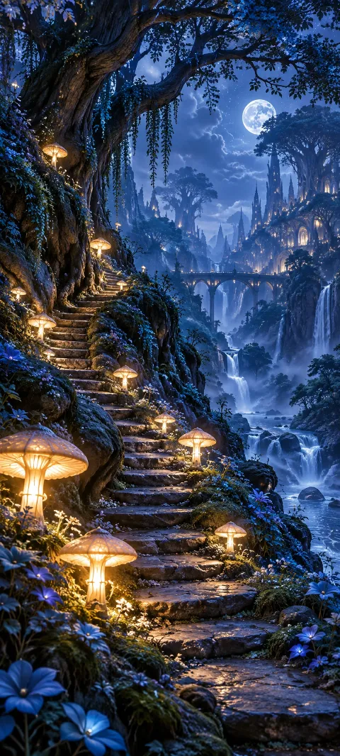 Mushroom-shaped lanterns mark steps through a blue forest.