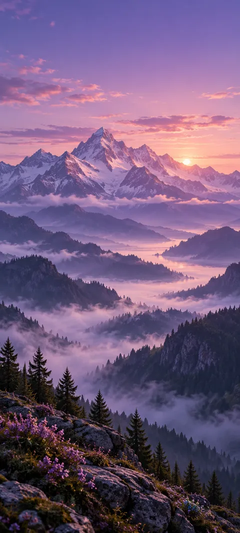 Lavender dawn silhouettes a layered mountain ridge.