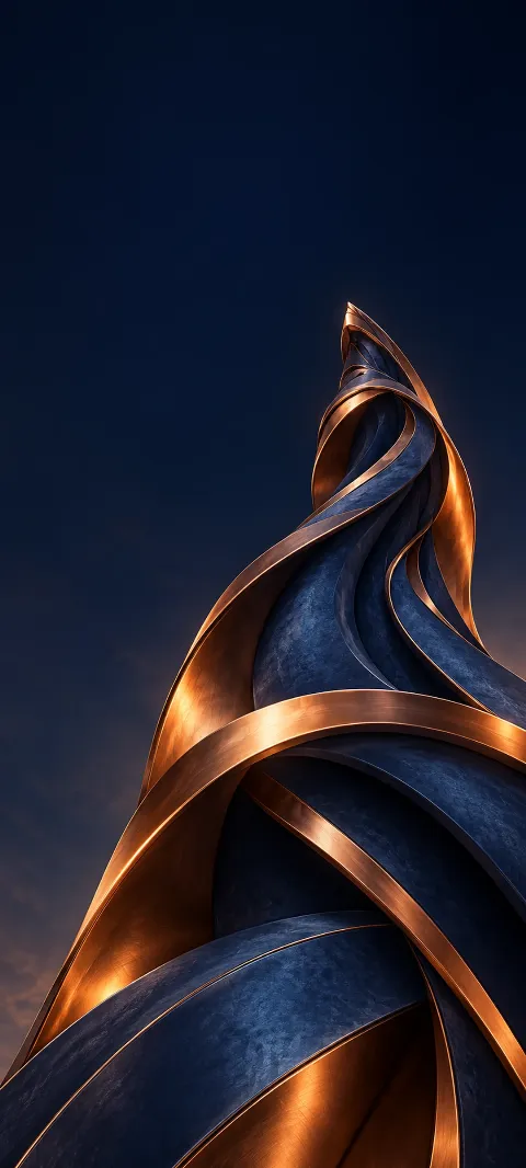 Twisting indigo sculptural column with polished copper bands against a dark blue sky.