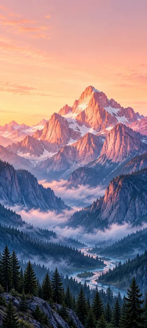 Pink sunrise mountain peak above a blue river valley with mist and fir trees.