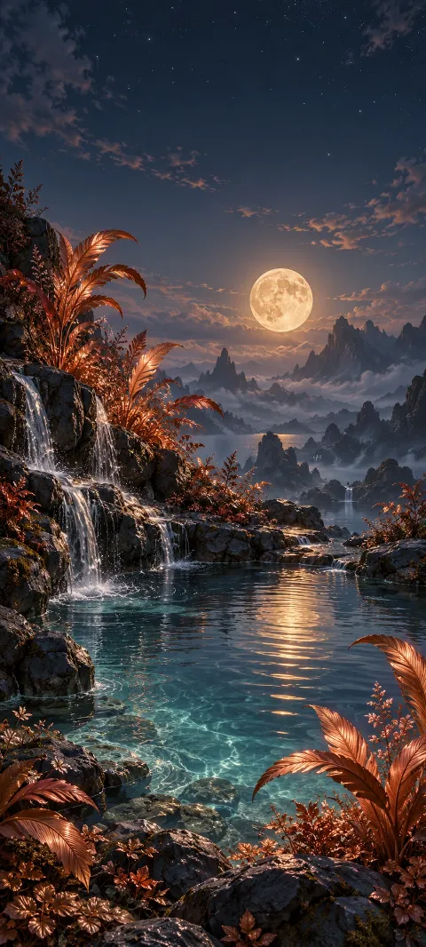Copper-feathered plants grow around a moon pool.