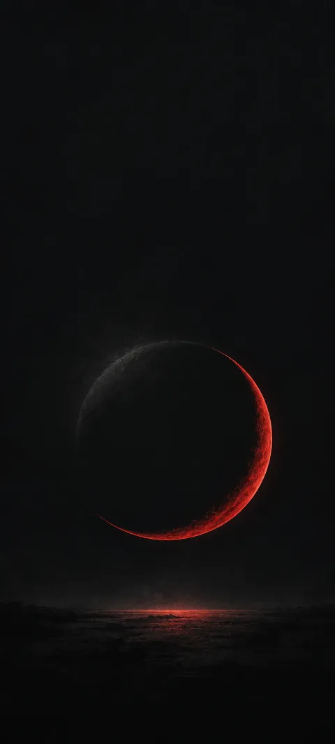 A dark spherical form with a thin red glow above a black horizon.