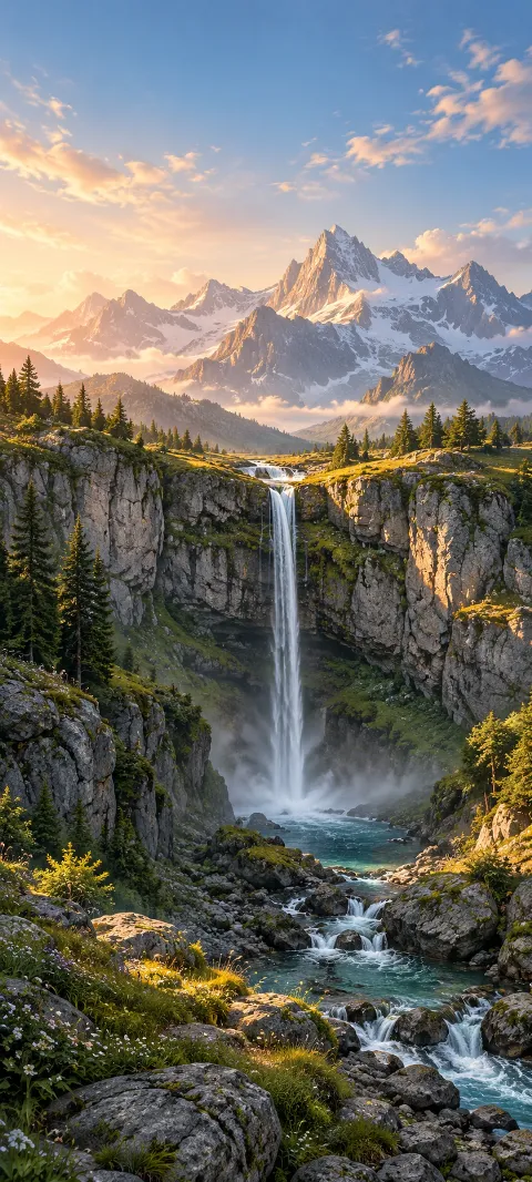 A thin waterfall drops from a bright mountain shelf.