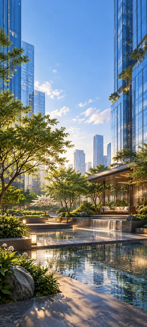 A quiet courtyard sits between blue glass towers.