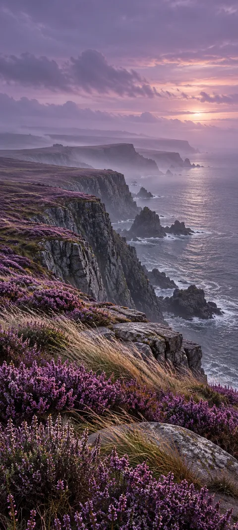 Purple heather grows along a cliff above distant gray water.
