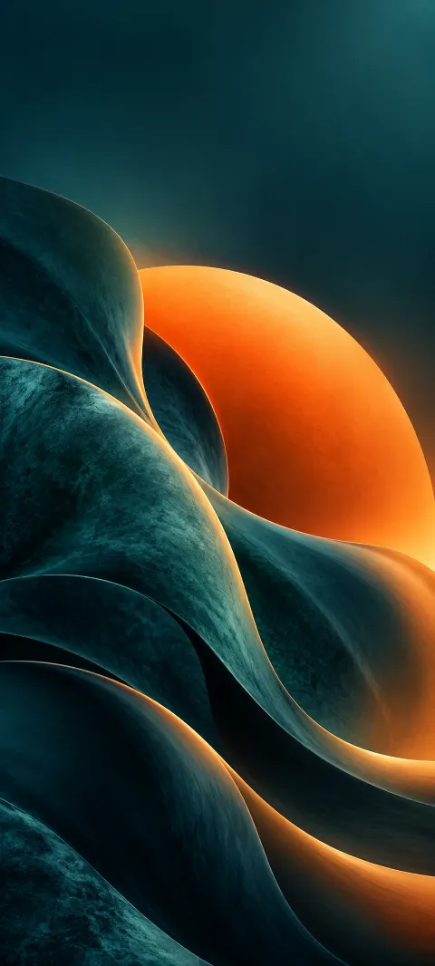 A tangerine arc meets deep teal velvet-like shapes.
