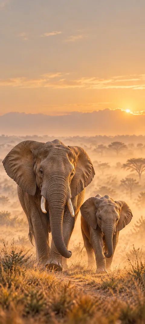 An elephant and a calf walking through dry grass and golden morning mist.