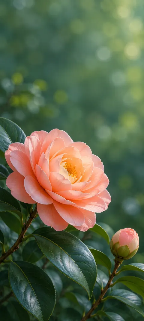 Peach camellia blossom and round bud among glossy dark green leaves.