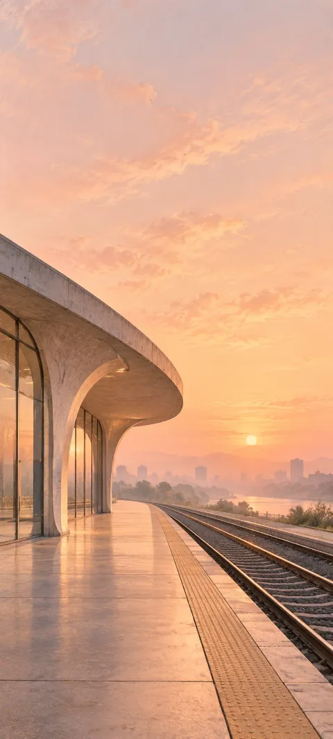Curved concrete station beside empty rails in peach sunrise haze.