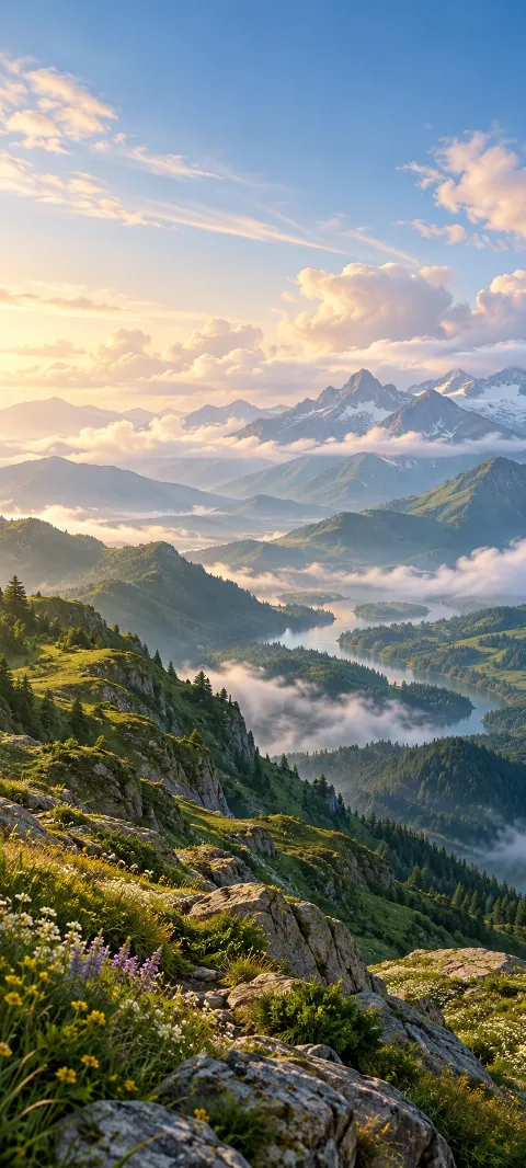 Green mountain ridges and snowy peaks above lakes and soft clouds.