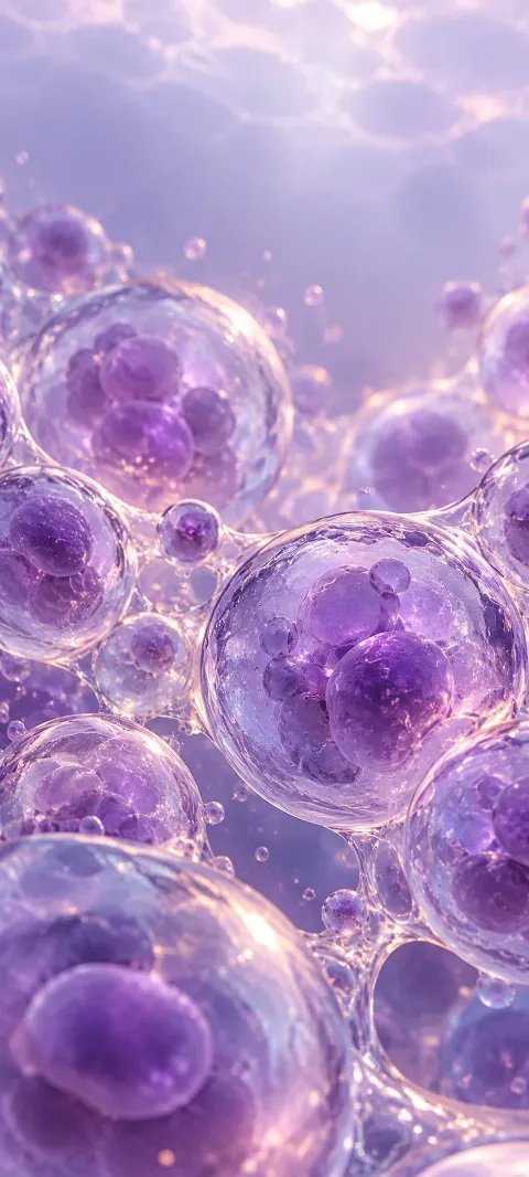 Violet translucent bubbles form a luminous macro texture.