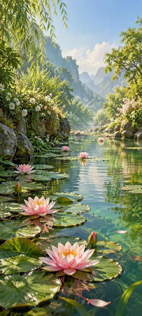 Water lilies float along a narrow green channel.