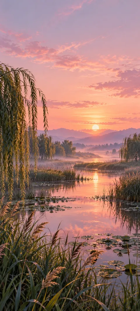 Willows and reeds surround a marsh reflecting a pale rose dawn.