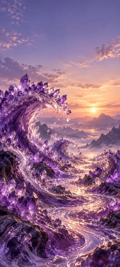 Amethyst forms rise and curl like a nonliteral tidal current.