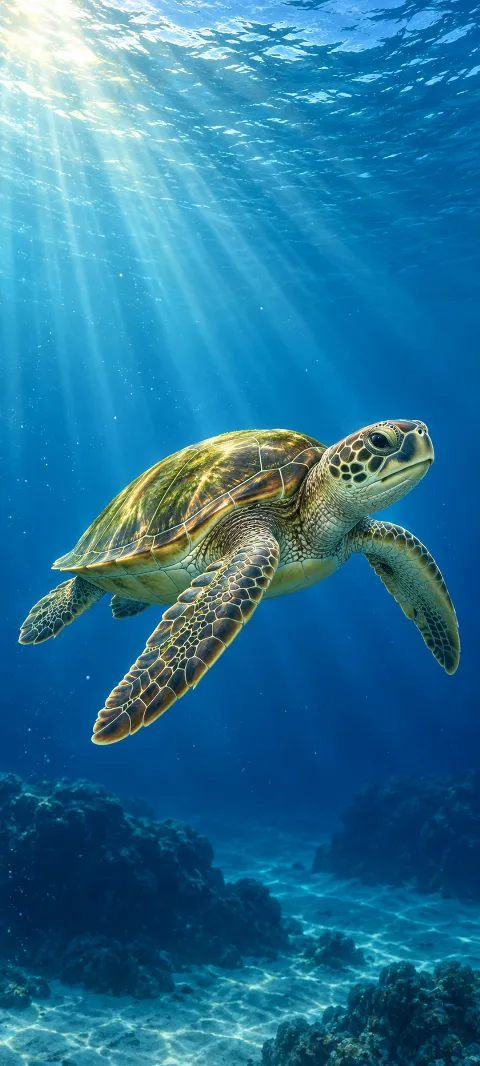 Sea turtle swimming through blue underwater sunbeams above sand and rocks.