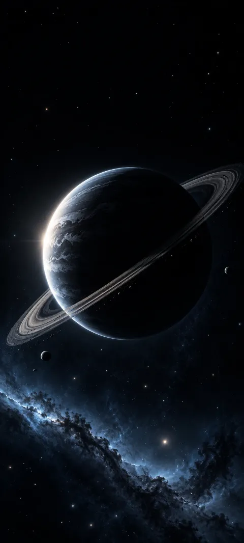 Dark ringed planet with a silver crescent, diagonal rings, small moons, and blue cosmic dust.