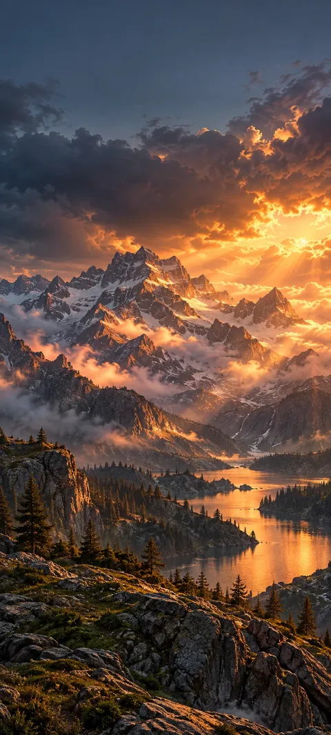 Copper storm light breaks across a rugged mountain range.