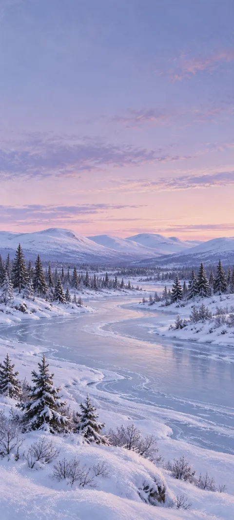 Frozen river winding through snowy spruces toward pale hills.