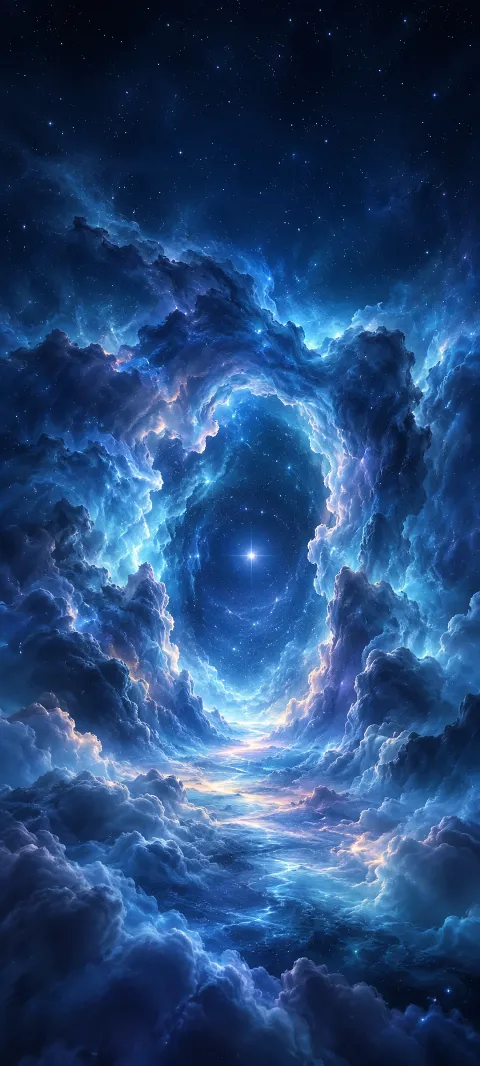 Blue nebula clouds forming an arch around a white star.
