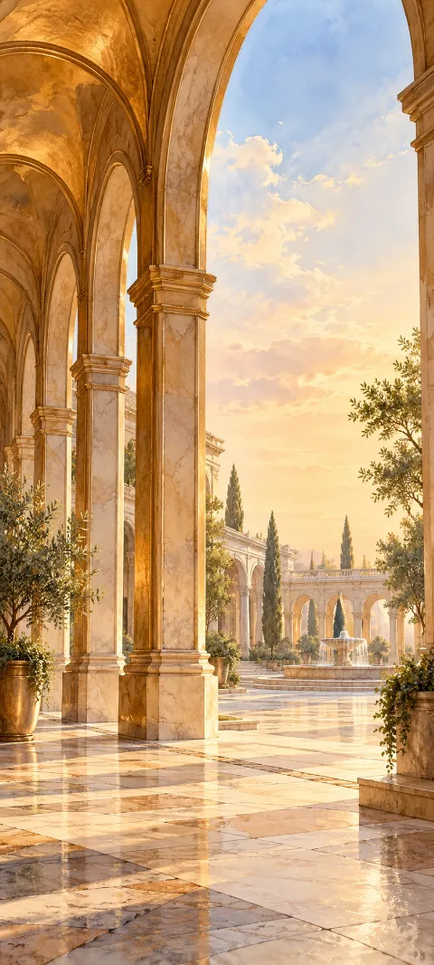 Golden marble arcade overlooking a courtyard fountain in warm sunlight.