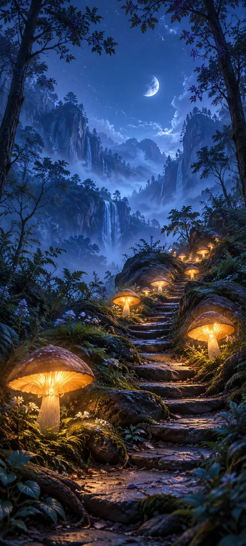 Mushroom-shaped lanterns mark steps through a blue forest.