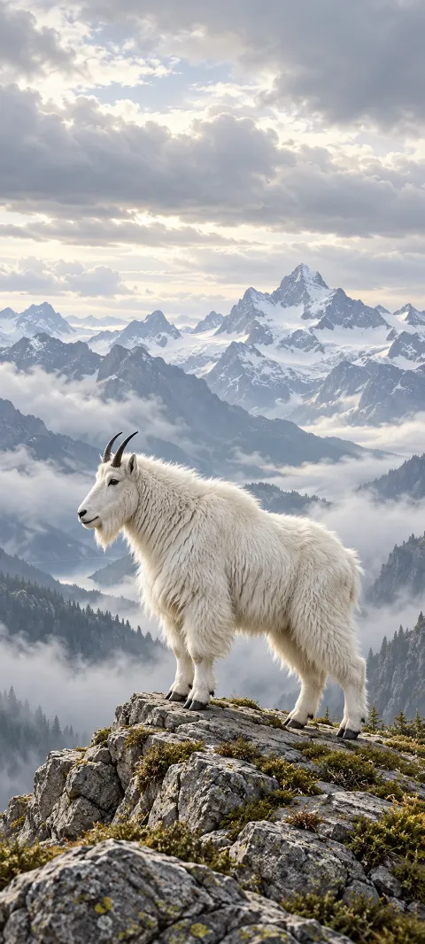 White mountain goat with dark horns on a rocky ridge above misty peaks.