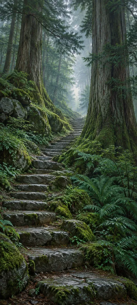 Stone stairs winding upward between moss-covered cedar trunks and forest ferns.