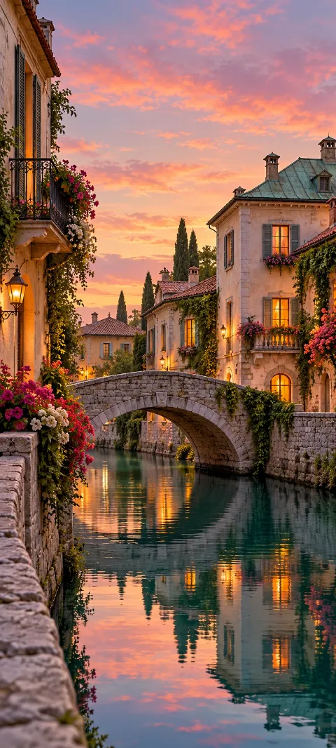 Stone arch bridge over a turquoise canal between flowered houses with amber windows beneath peach clouds.