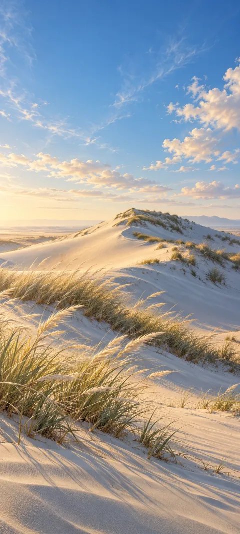 Pale dune grass on white sand beneath a wide blue sky.
