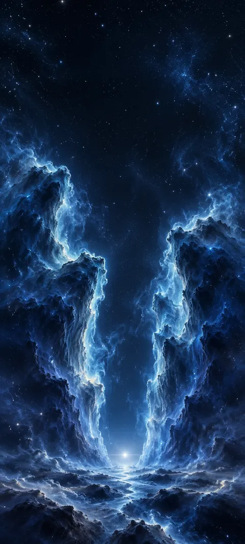 Two tall blue nebula pillars framing a tiny white star below a dark star field.