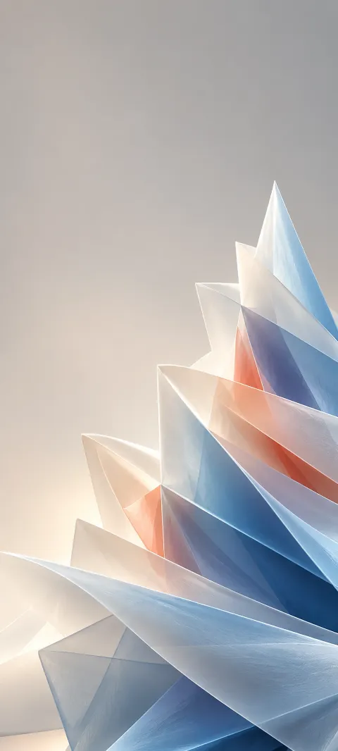 Folded pearl-white, blue and coral planes rising against warm gray.